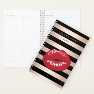 Agenda lábios vermelho elegante padrão de faixas pretas