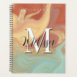 Agenda Laranja Aqua Dourada Moderna Monograma Planner Abs