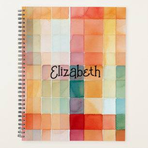 Agenda Laranja Aquarela e Xadrez Teal