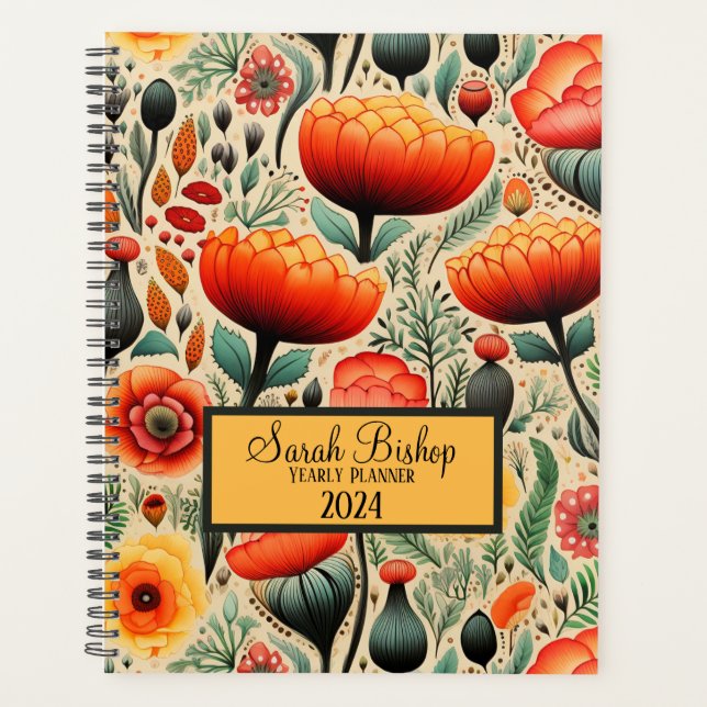 Agenda Laranja Laranja Laranja Floral Anterior Planner Ha (Frente)