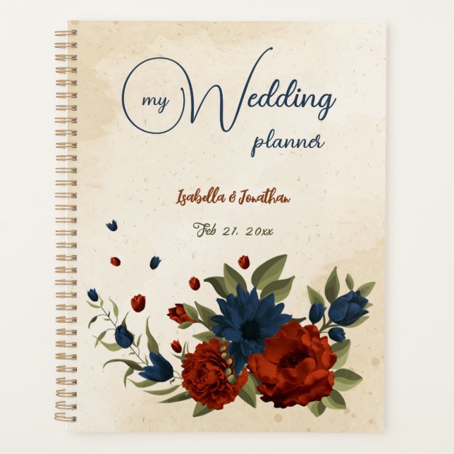 Agenda laranja queimada e marinho azul casamento floral (Frente)