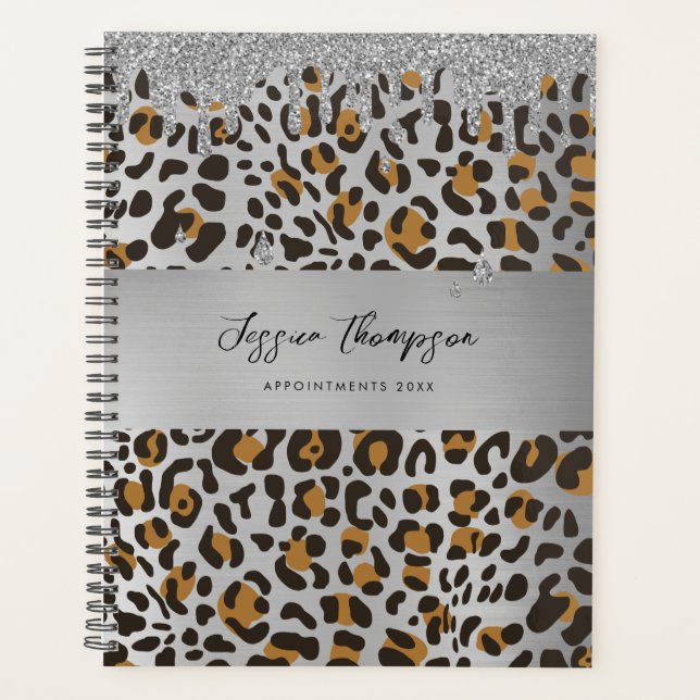 Agenda Leopard Animal Print Cinzas Glitter De Prata (Frente)