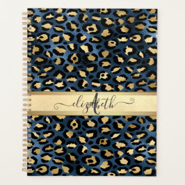 Agenda Leopard Padrão Monograma Dourado Azul