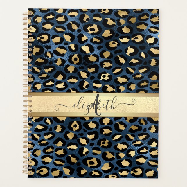 Agenda Leopard Padrão Monograma Dourado Azul (Frente)