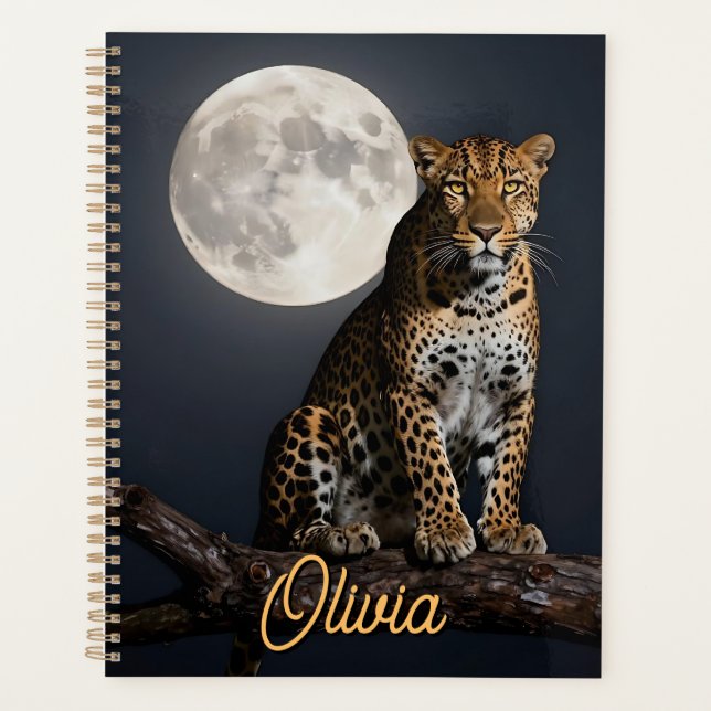 Agenda Leopardo Majestoso e Lua Cheia Personalizado (Frente)