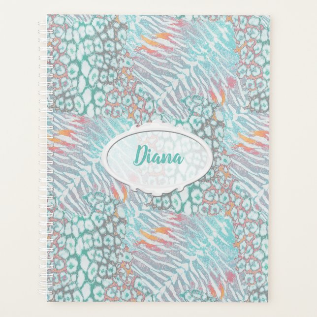 Agenda Leopardo, tigre, pele, colada, listrada, Turquesa, (Frente)