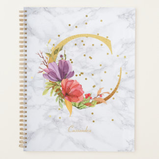 Agenda Letra C Monograma Dourada Aquarela Mármore Moderno