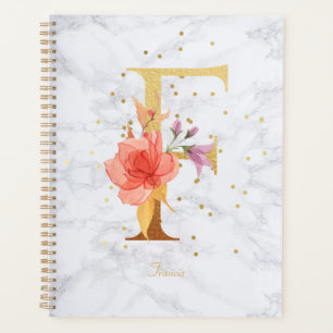 Agenda Letra F de Monograma Dourado em Mármore Moderno co