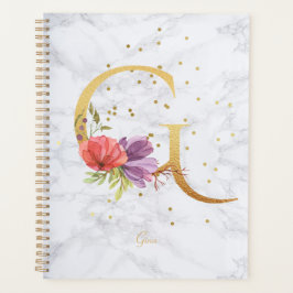 Agenda Letra G Monograma Dourada Aquarela Mármore Moderno