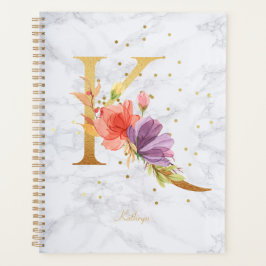 Agenda Letra K Monograma Dourada Aquarela Mármore Moderno