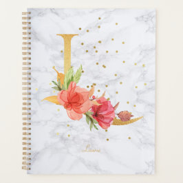 Agenda Letra L Monograma Dourada Aquarela Mármore Moderno