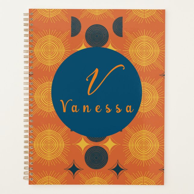 Agenda Letra Monográfica Laranja Boho Celestial Sun Moon (Frente)