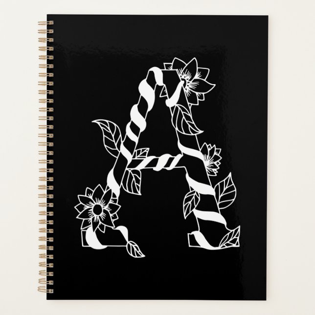 Agenda Letra negra e branca "A" com flores geminadas (Frente)