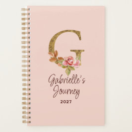 Agenda Letra Personalizada G Dourado Folha Rosa Bege Rosa
