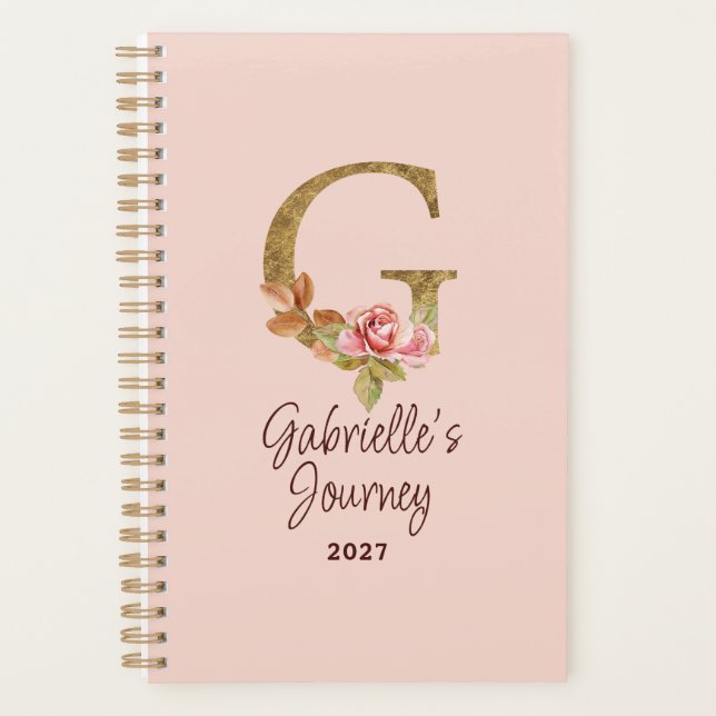 Agenda Letra Personalizada G Dourado Folha Rosa Bege Rosa (Frente)