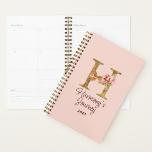 Agenda Letra Personalizada H Folha Dourada Rosas Rosa Pál