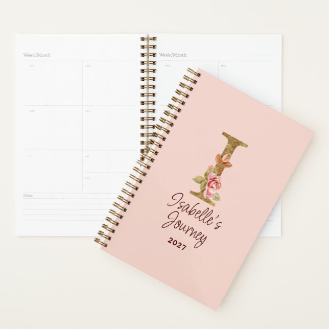 Agenda Letra Personalizada I Dourado Folheado Rosas Rosa  (Exibição)