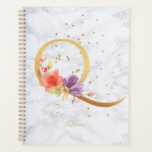 Agenda Letra Q Monograma Dourada Aquarela Mármore Moderno