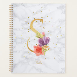 Agenda Letra S Monograma Dourada Aquarela Mármore Moderno