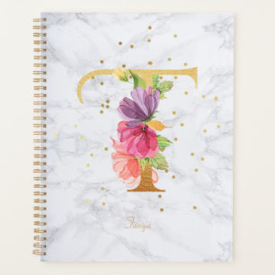 Agenda Letra T de Monograma Dourado em Aquarela de Mármor