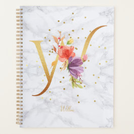 Agenda Letra W Monograma Dourada Aquarela Mármore Moderno
