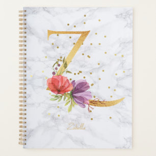 Agenda Letra Z de Monograma Dourado em Aquarela de Mármor
