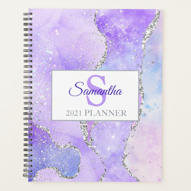 Agenda Leve Púrpura e Silver Faux Gliter Agate (Frente)