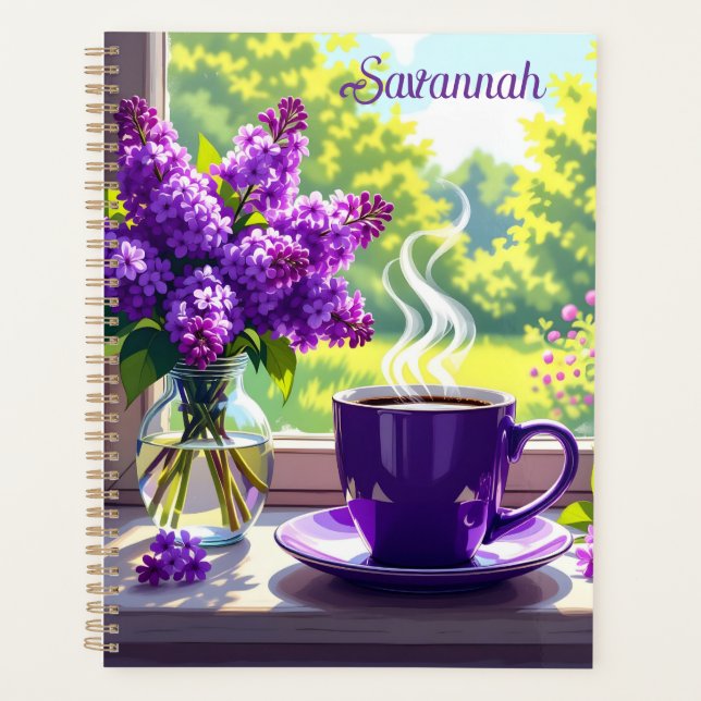 Agenda Lilases Roxos bonito e Café Personalizados (Frente)