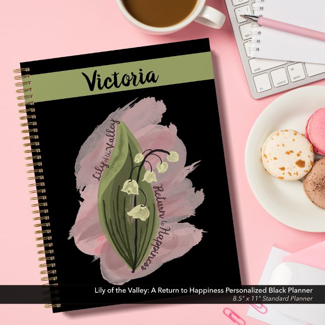 Agenda Lily do Vale Felicidade Personalizada Negro (Lily of the Valley Happiness Personalized Black and Green Planner)