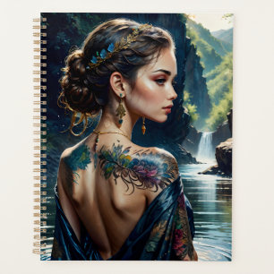 Agenda Linda jovem com tatuagem no ombro.