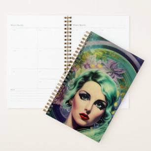 Agenda Linda Lavanda e Estilo Retro Verde Mulher Espacial