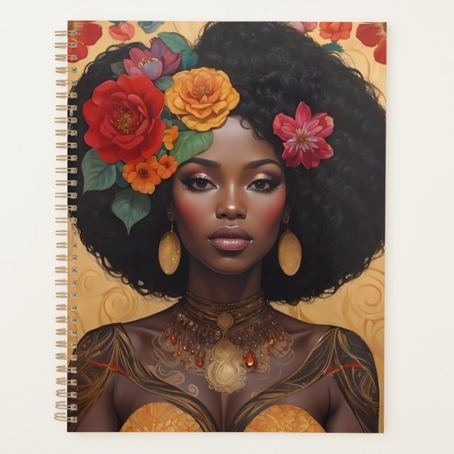 Agenda Linda Mulher Afro-Americana Com Flores (Frente)