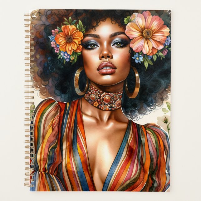 Agenda Linda Mulher Negra com Moda Retroativa afro-70 (Frente)