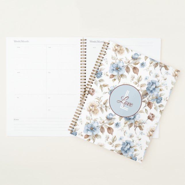 Agenda Lindas Flores Azuis Creme Bege Marrom (Exibição)