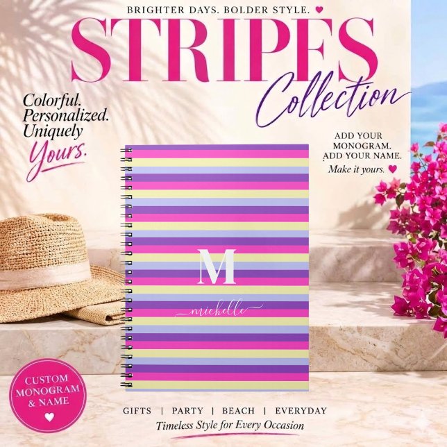 Agenda Listras Coloridas com Rótulo de Monograma  (Colorful Stripes Collection -Monogram and Script-Purple Pink Yellow and Blue)