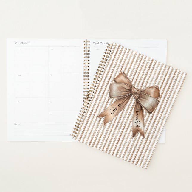 Agenda Listras Creme Marrom Laço Cacau (Exibição)