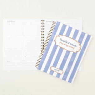 Agenda Listras de Aquarela Azul Moldura Laranja Ondulada