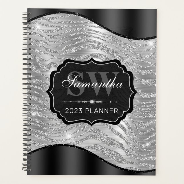 Agenda Listras de Tigre com Brilho Preto e Prata Monogram (Frente)