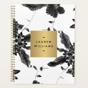 Agenda Livro de Compromissos de Padrão Floral Preto Vint