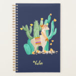 Agenda Llama e Cactus Watercolor Blue Personalizados<br><div class="desc">Cena de lama em aquarela, que você pode personalizar com seu nome ou texto personalizado. Esta lhama bonito tem uma flor e penas no cabelo, uma garland correspondente e um tradicional tapete de sela peruano. Ela está em um jardim de cacto florescente com bonito flores amarelas. Este é um design...</div>