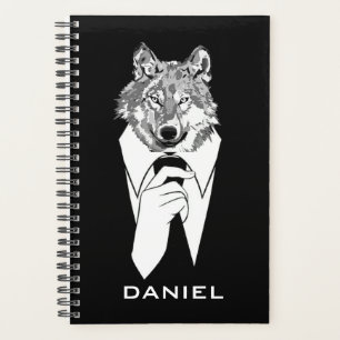Agenda Lobo Hipster Engraçado com Tuxedo Preto Personaliz