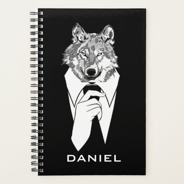 Agenda Lobo Hipster Engraçado com Tuxedo Preto Personaliz (Frente)