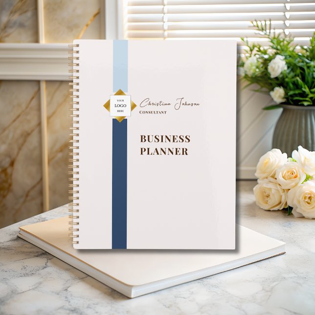 Agenda Logotipo Dourado Trendy Blue Stripes (Criador carregado)