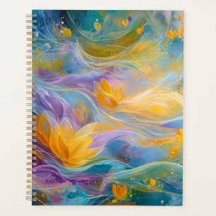 Agenda Lótus Dourado Abstrato Flores Flutuantes