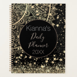 Agenda Lotus Mandala Glitter Estrelas Douradas Personaliz