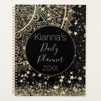 Agenda Lotus Mandala Glitter Estrelas Douradas Personaliz