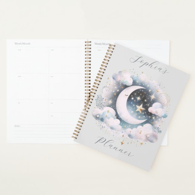 Agenda Lua Crescente Azul e Branco Boho Moderno Celestial (Exibição)
