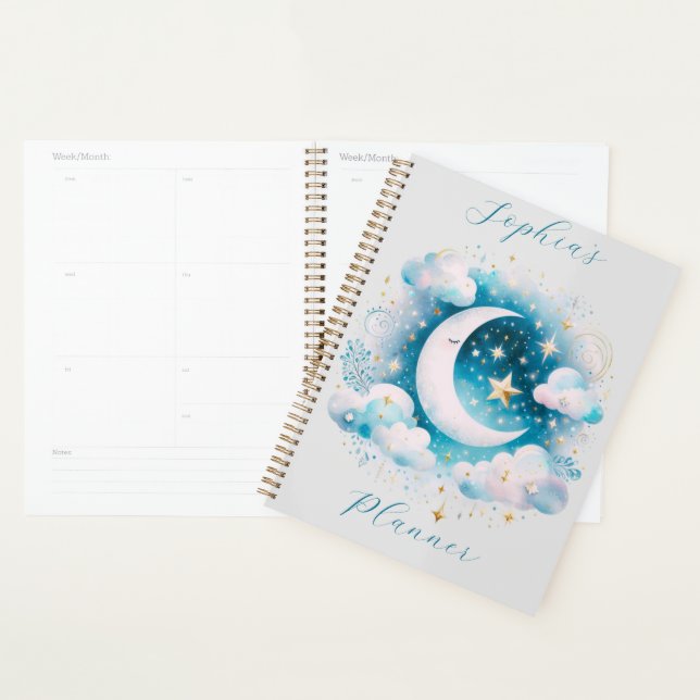 Agenda Lua Crescente Azul e Branco Celestial Boho Moderno (Exibição)