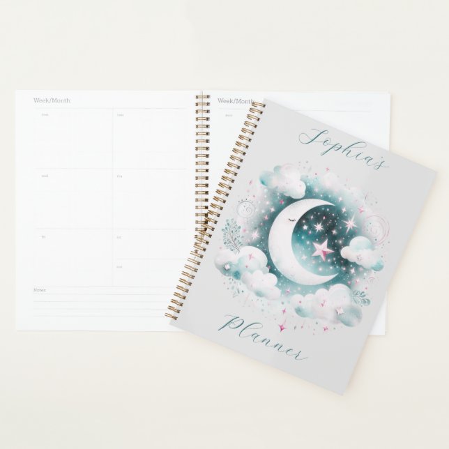 Agenda Lua Crescente Azul e Branco Celestial Boho Moderno (Exibição)