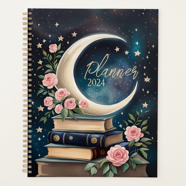Agenda Lua Crescente Celestial com Livros e Rosas (Frente)